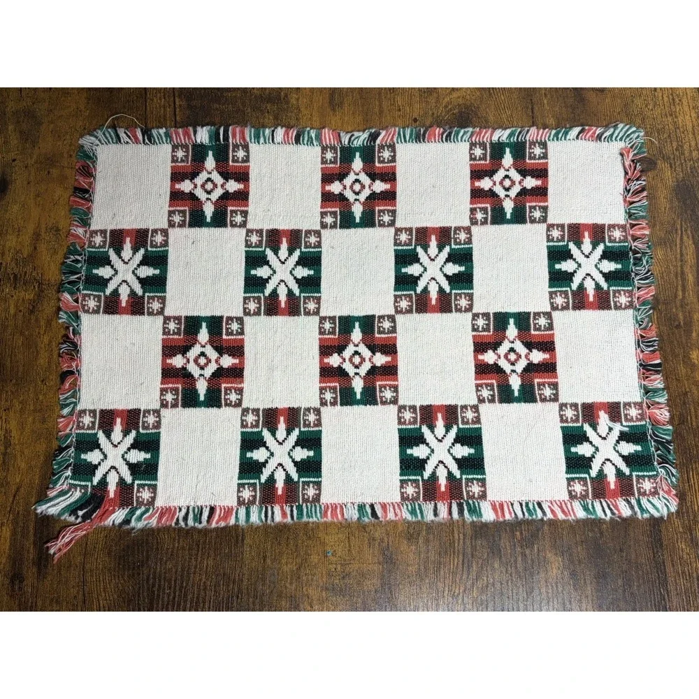 VTG Woven Christmas Placemats Set 6 Red Plaid Snowflake Cottagecore‎ Fringe Red